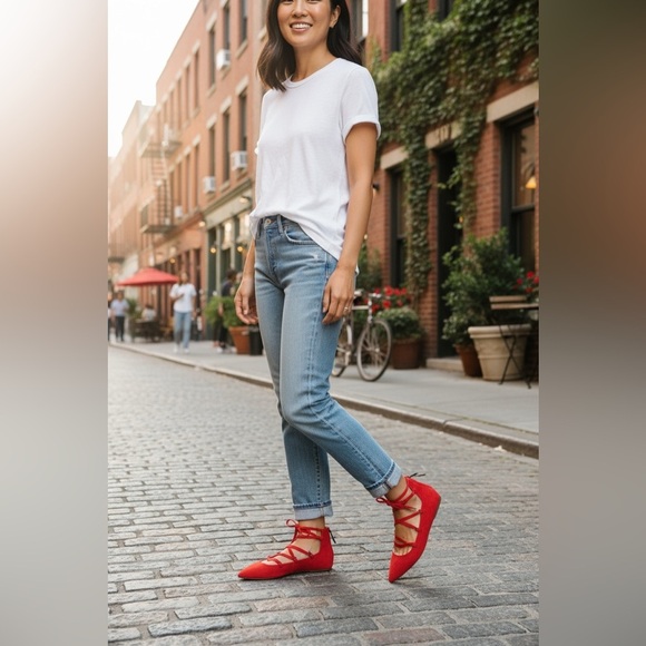 BCBGeneration Size 8.5 Red Suede Strappy Ballet Flats Back Zip NWT R $99 - Picture 11 of 11